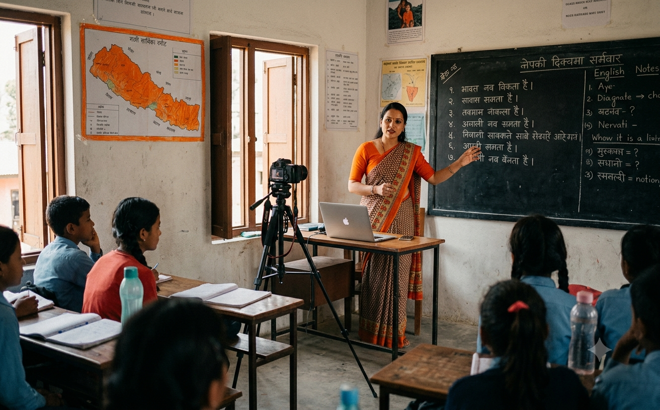 A school teacher leading a live class from a classroom