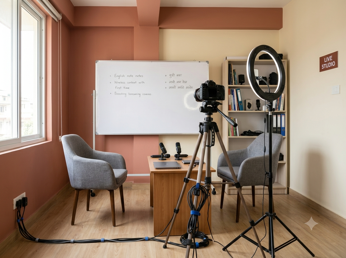 A small coaching institute studio set up with a camera, ring light and two chairs